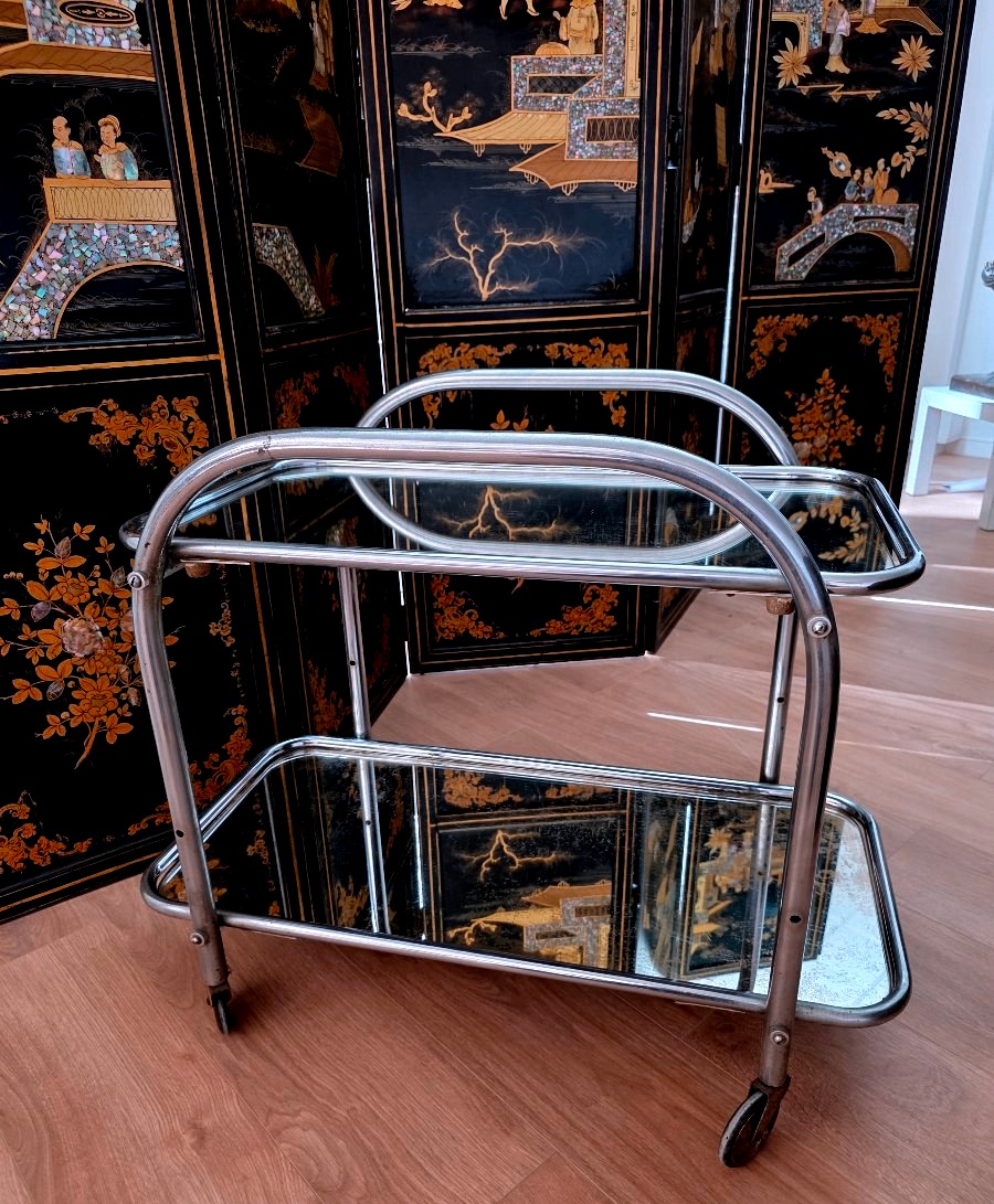 Chariot De Bar Ou De Service Art Déco, Tubes d'Acier Chromés, France Vers 1925-photo-3