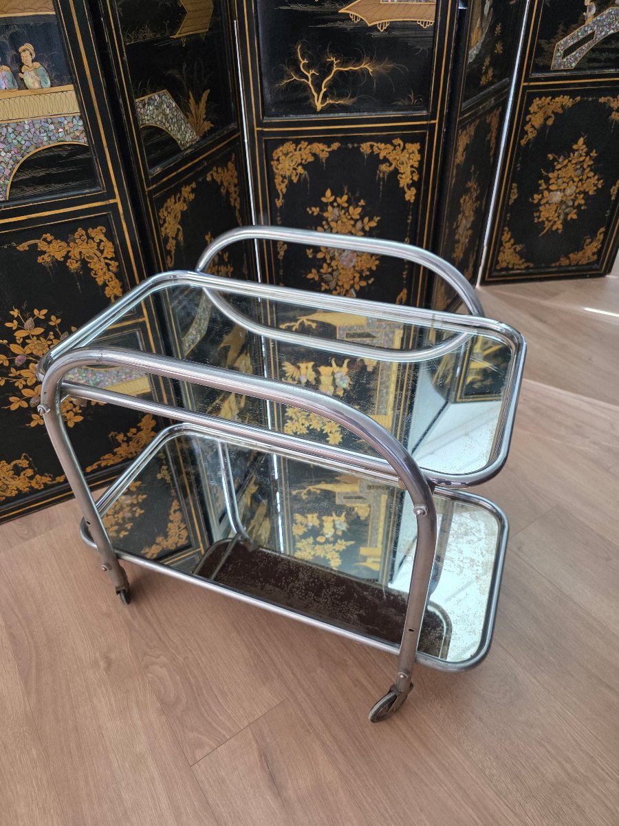 Chariot De Bar Ou De Service Art Déco, Tubes d'Acier Chromés, France Vers 1925-photo-4