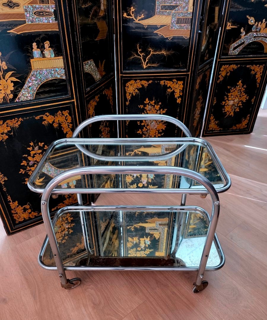 Chariot De Bar Ou De Service Art Déco, Tubes d'Acier Chromés, France Vers 1925-photo-1