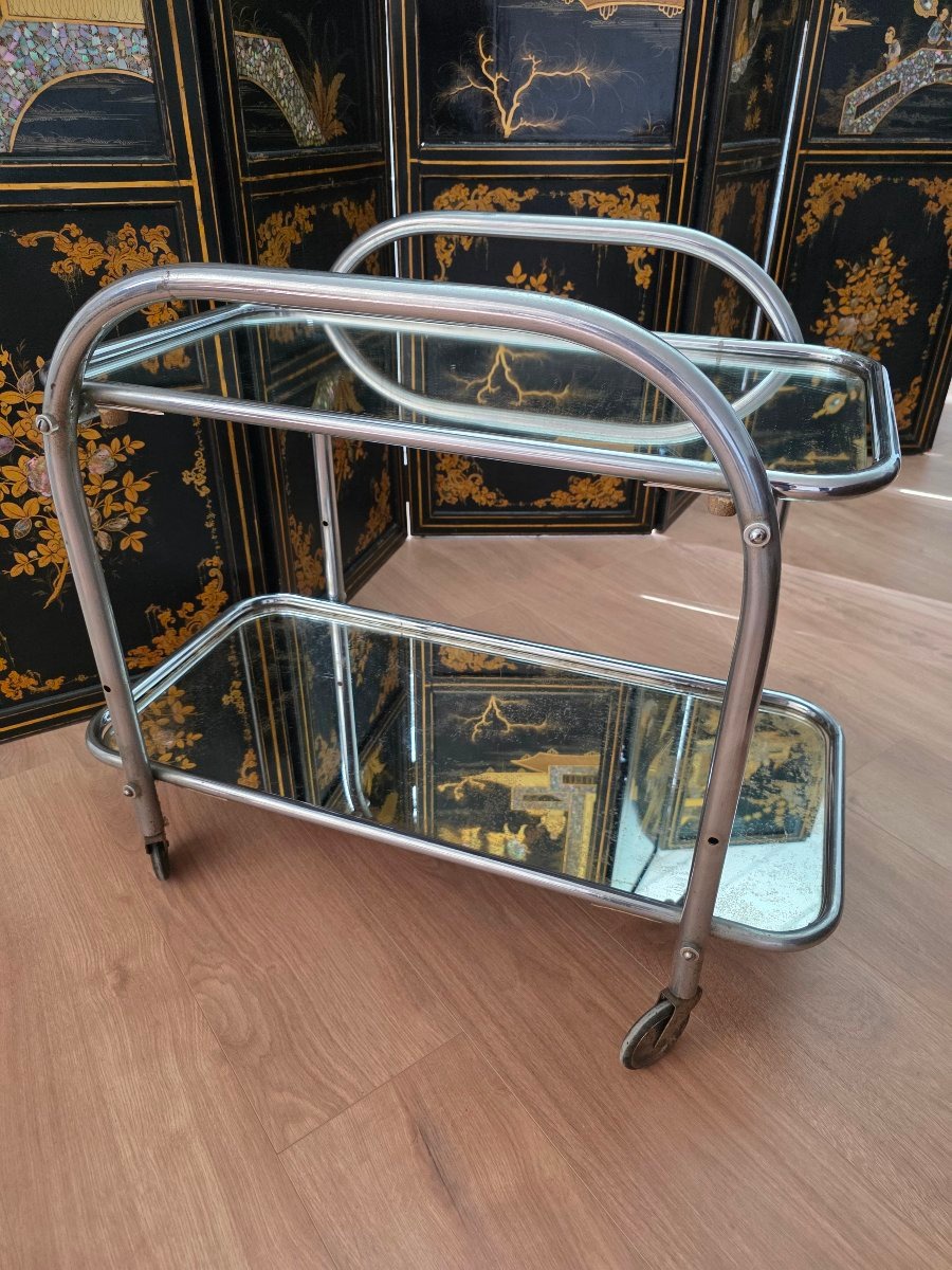Chariot De Bar Ou De Service Art Déco, Tubes d'Acier Chromés, France Vers 1925-photo-3