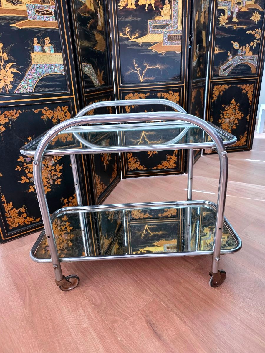 Chariot De Bar Ou De Service Art Déco, Tubes d'Acier Chromés, France Vers 1925
