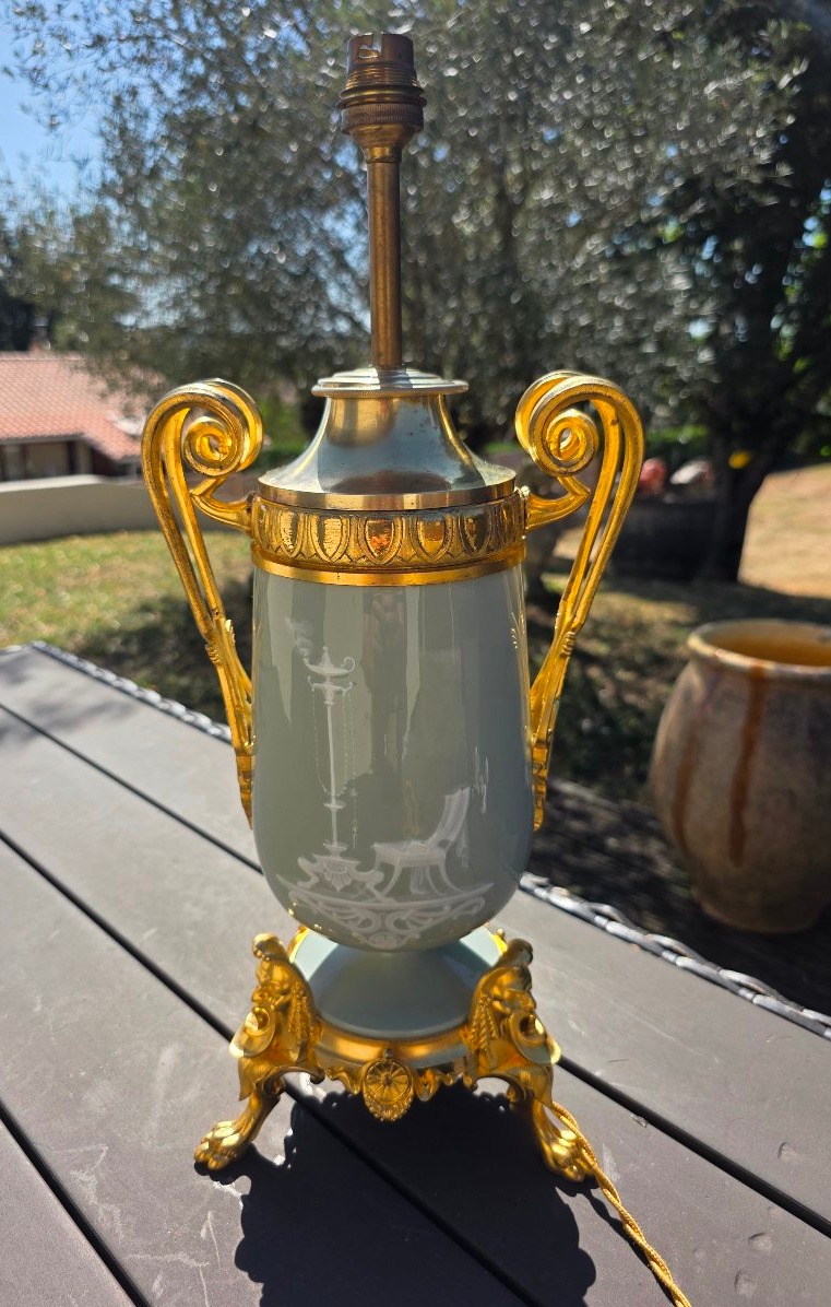 Lampe En Porcelaine De Celadon vert  Montée Bronze Doré D’époque Napoléon III-photo-4