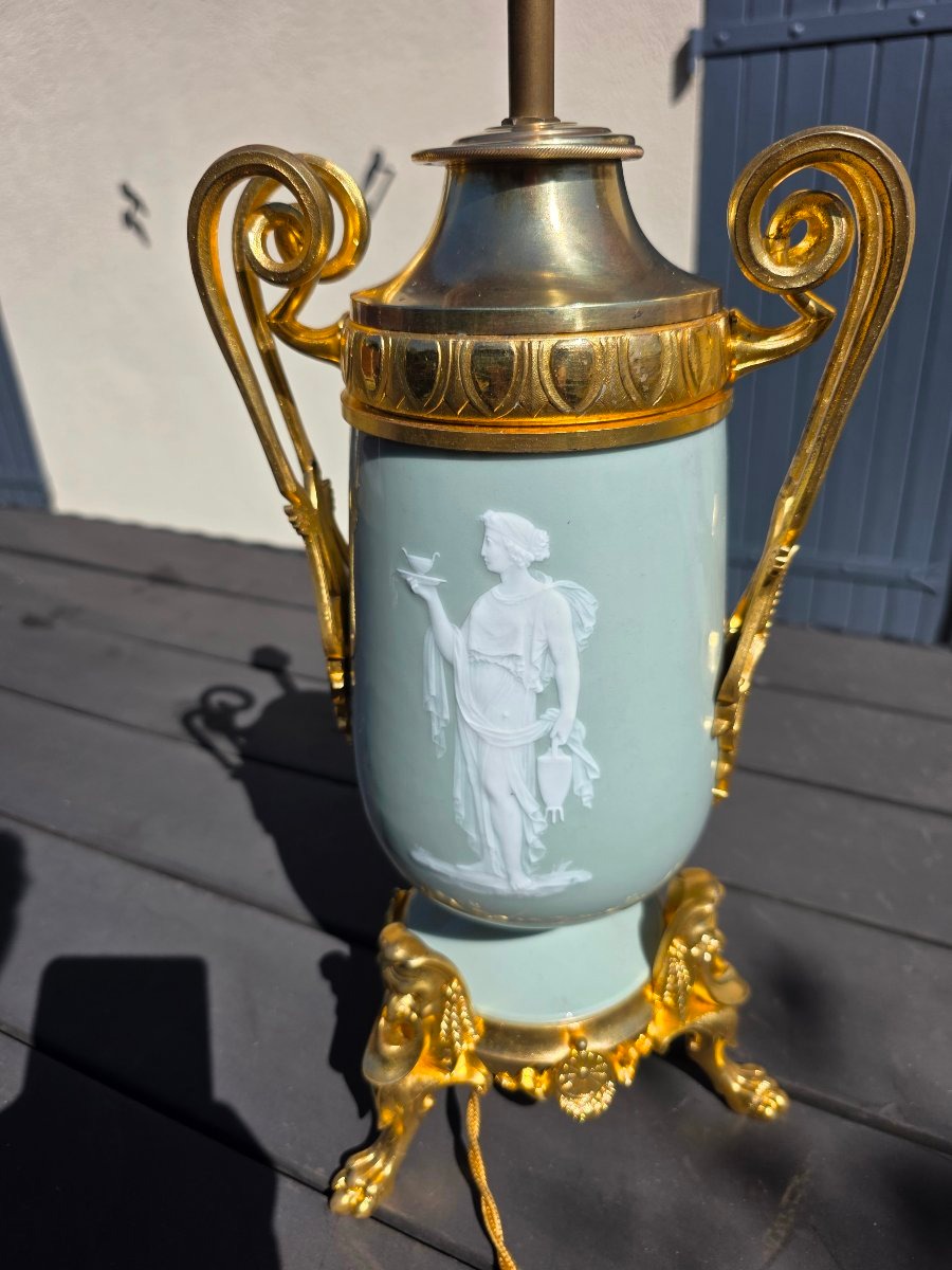 Lampe En Porcelaine De Celadon vert  Montée Bronze Doré D’époque Napoléon III-photo-1