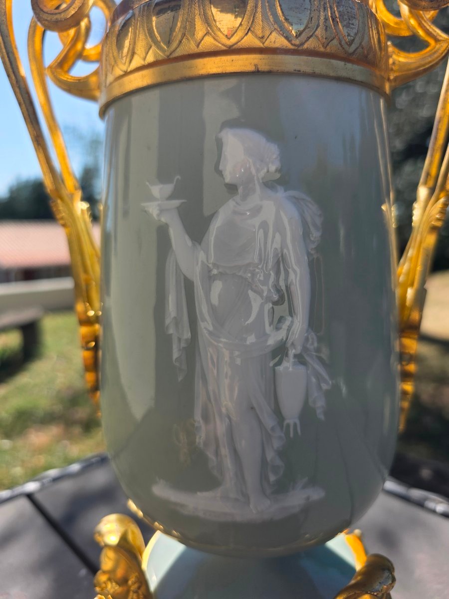 Lampe En Porcelaine De Celadon vert  Montée Bronze Doré D’époque Napoléon III-photo-7