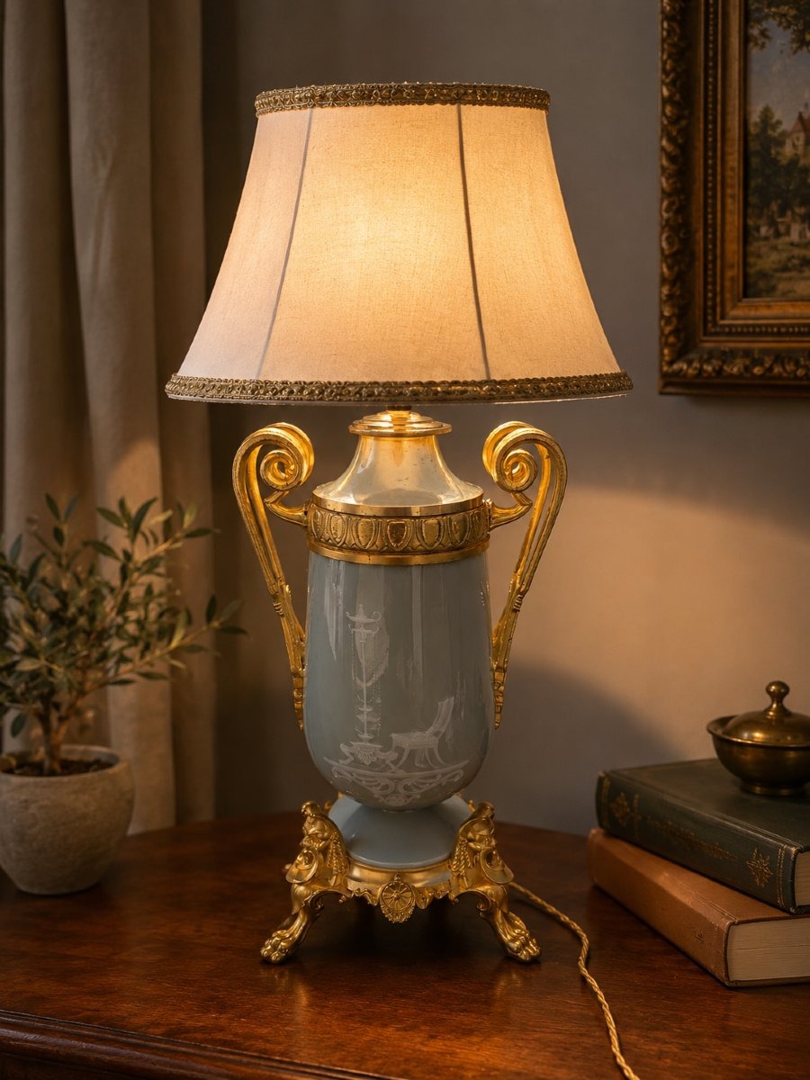 Lampe En Porcelaine De Celadon vert  Montée Bronze Doré D’époque Napoléon III
