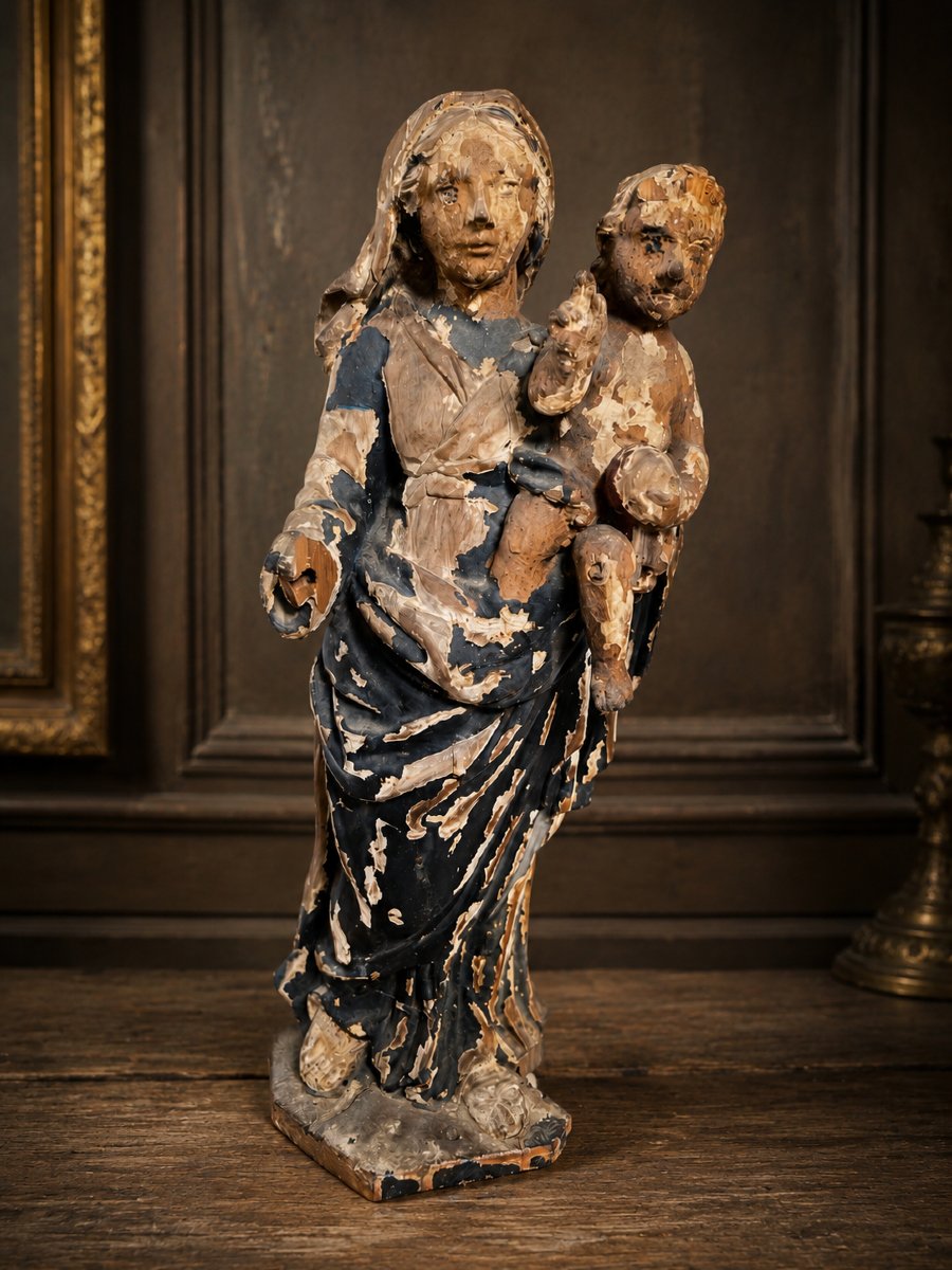  vierge a l'enfant bois sculpté polychrome XVIIIème siècle -photo-1