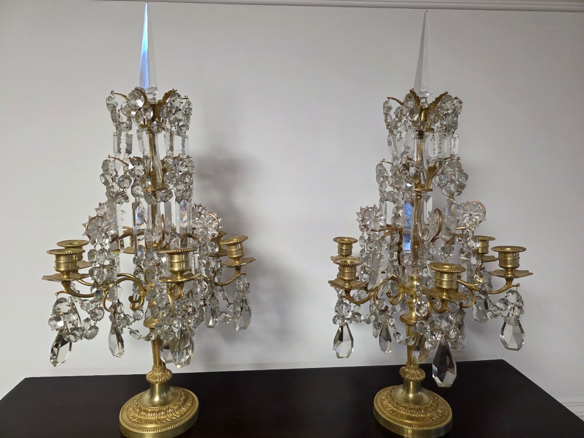 Paire De Girandoles 19 eme  siècle En Bronze Doré Et Cristal-photo-3