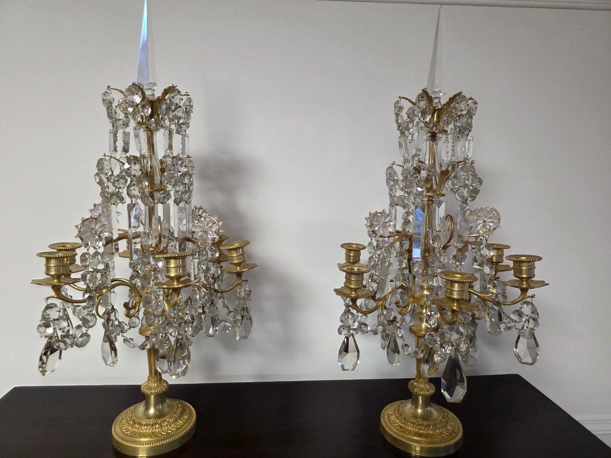 Paire De Girandoles 19 eme  siècle En Bronze Doré Et Cristal-photo-3