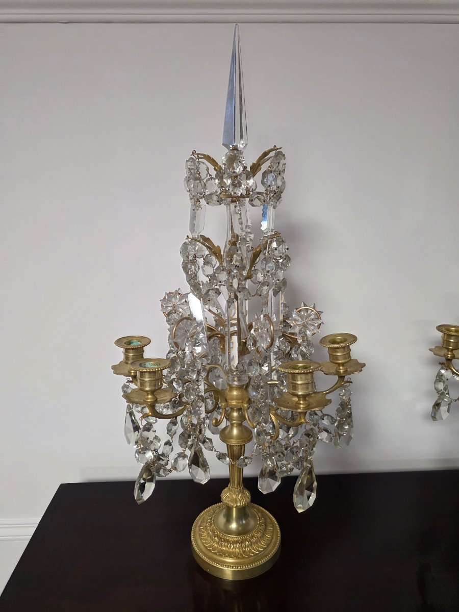Paire De Girandoles 19 eme  siècle En Bronze Doré Et Cristal-photo-4