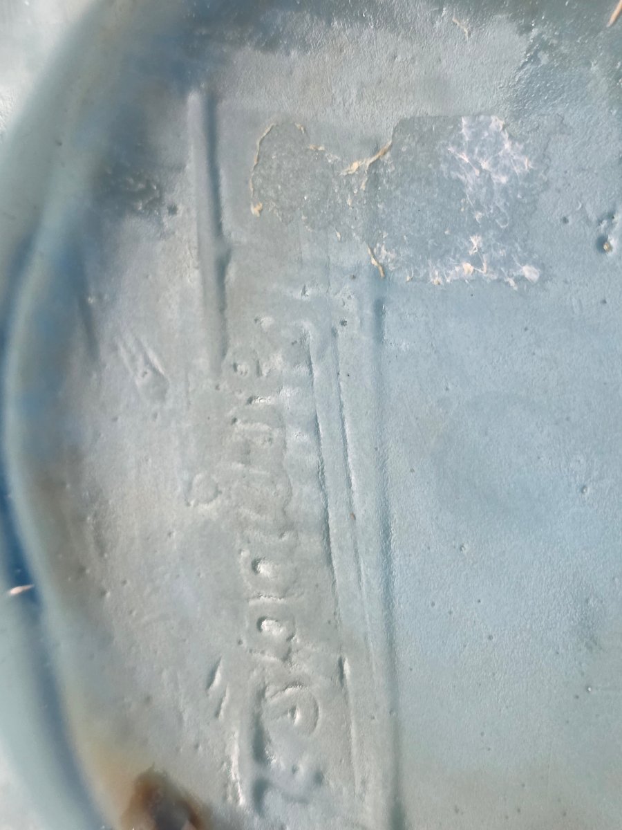 Vase Art Deco Bleu En Verre Moulé - Signé Espaivet-photo-2