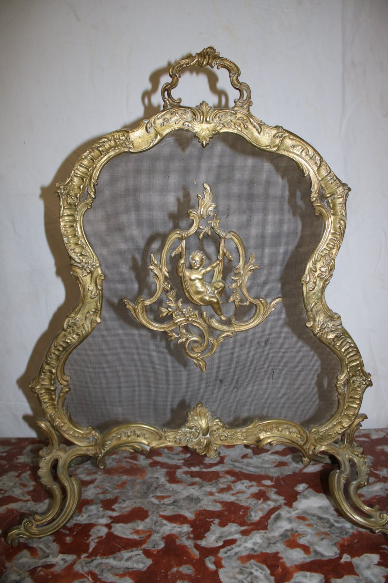 Pare-feu écran cheminée bronze rocaille Charles Casier Napoléon III XIXème-photo-2