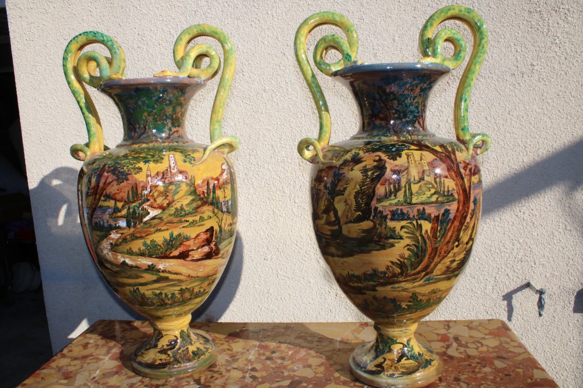 Very Large Pair Of Mythological Italian Earthenware Vase D After Urbino