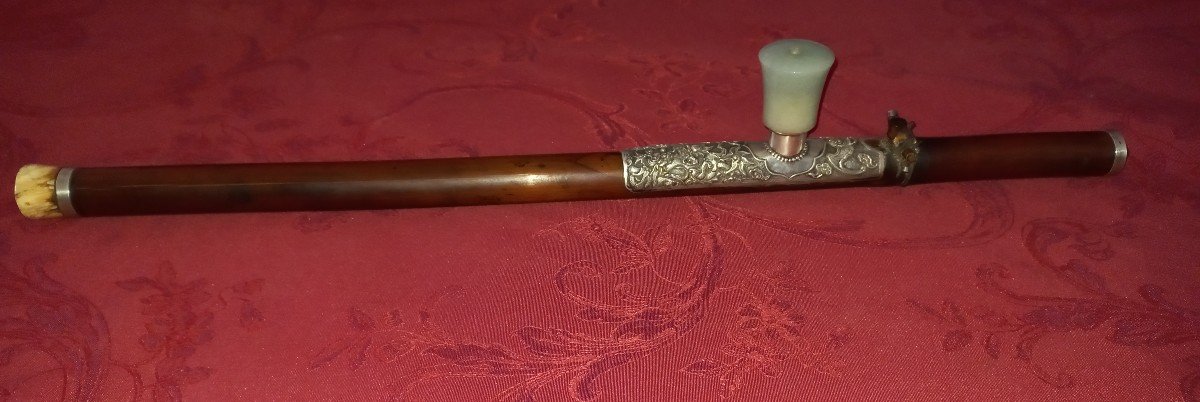  And Old Opium Pipe In Bamboo And Silver