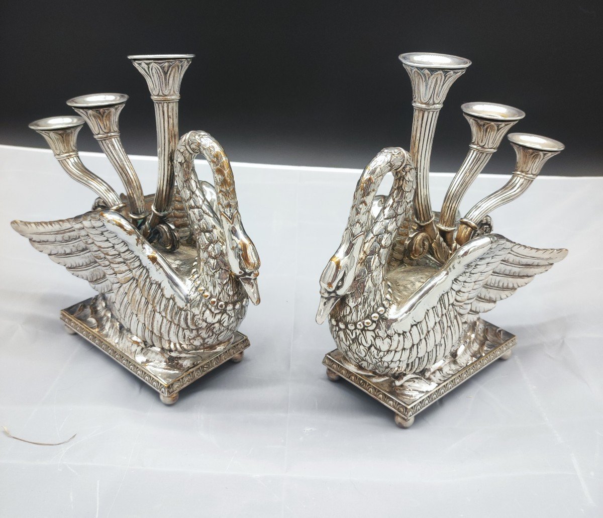 Pair Of Silver Bronze Candlesticks In The Shape Of A Swan Empire Period-photo-2