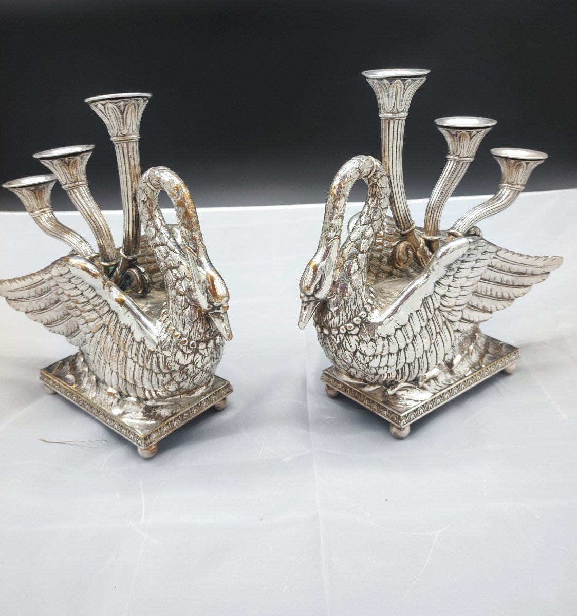 Pair Of Silver Bronze Candlesticks In The Shape Of A Swan Empire Period-photo-4