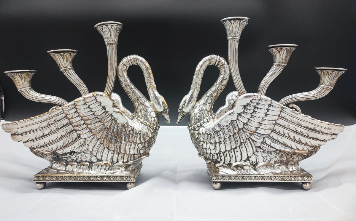 Pair Of Silver Bronze Candlesticks In The Shape Of A Swan Empire Period-photo-1