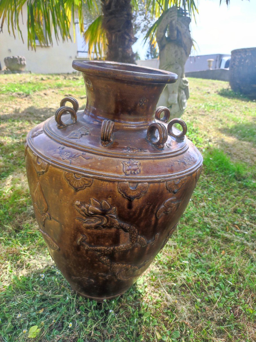 Martaban Jar In Monochrome Brown Glazed Stoneware Decorated With Dragons, Asia-photo-2