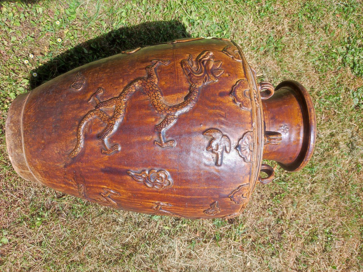 Martaban Jar In Monochrome Brown Glazed Stoneware Decorated With Dragons, Asia-photo-3