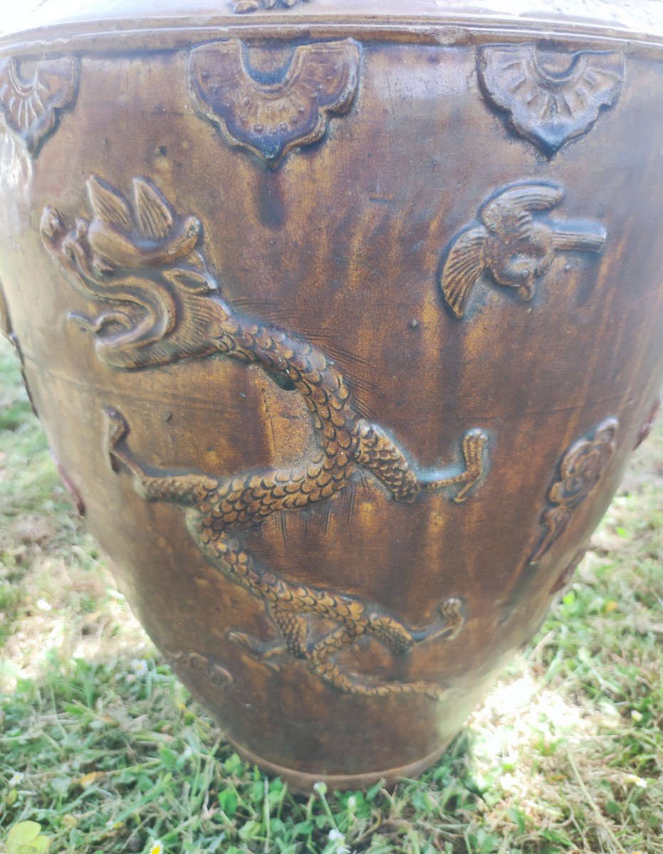 Martaban Jar In Monochrome Brown Glazed Stoneware Decorated With Dragons, Asia-photo-1
