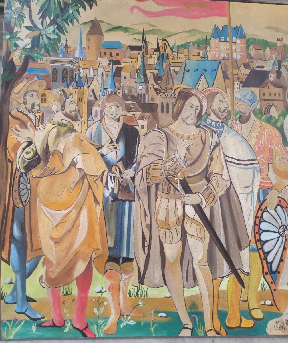Très  grand tableau  le  mariage de  François 1ᵉʳ d'après une tapisserie d'Aubusson 550 cm de long -photo-1