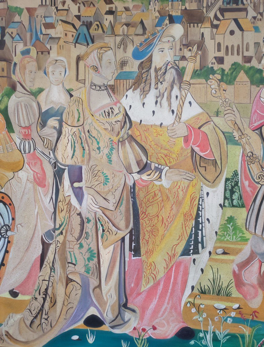 Très  grand tableau  le  mariage de  François 1ᵉʳ d'après une tapisserie d'Aubusson 550 cm de long -photo-2