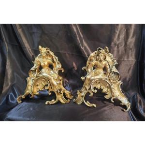 Louis XV Chinese Andirons In Gilt Bronze