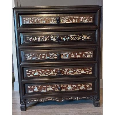 Indochine Opium Pipe Presentation Cabinet With Mother-of-pearl Decor