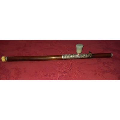  And Old Opium Pipe In Bamboo And Silver