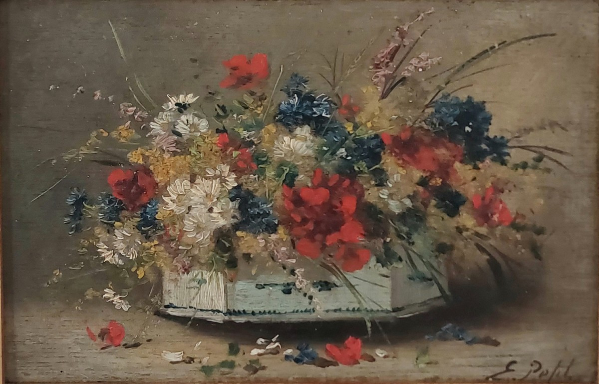 Bouquet Of Flowers Oil On Panel By E. Petit -photo-2