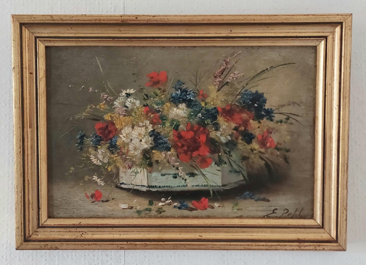 Bouquet Of Flowers Oil On Panel By E. Petit 