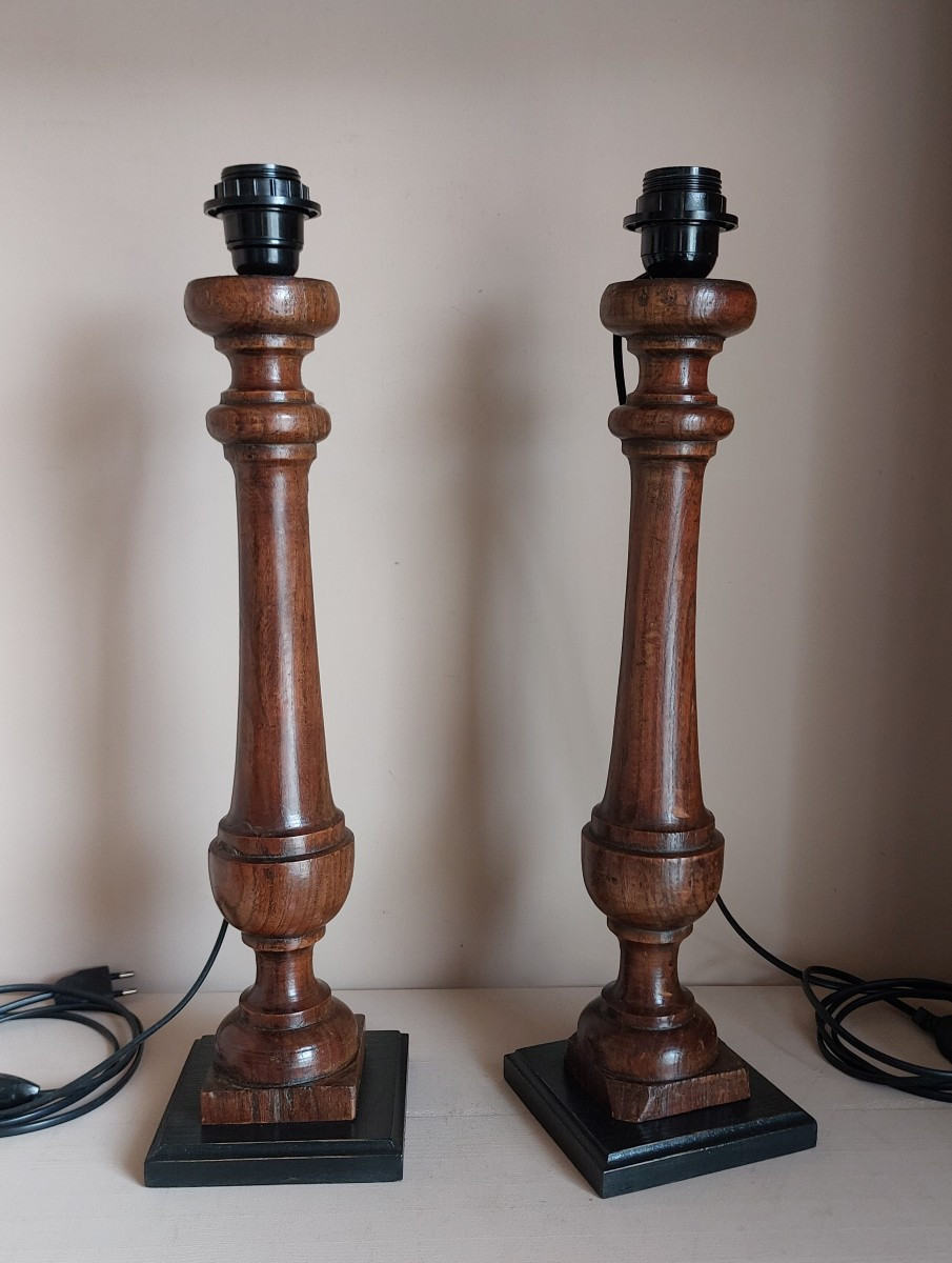 Pair Of Turned Wood Lamps 