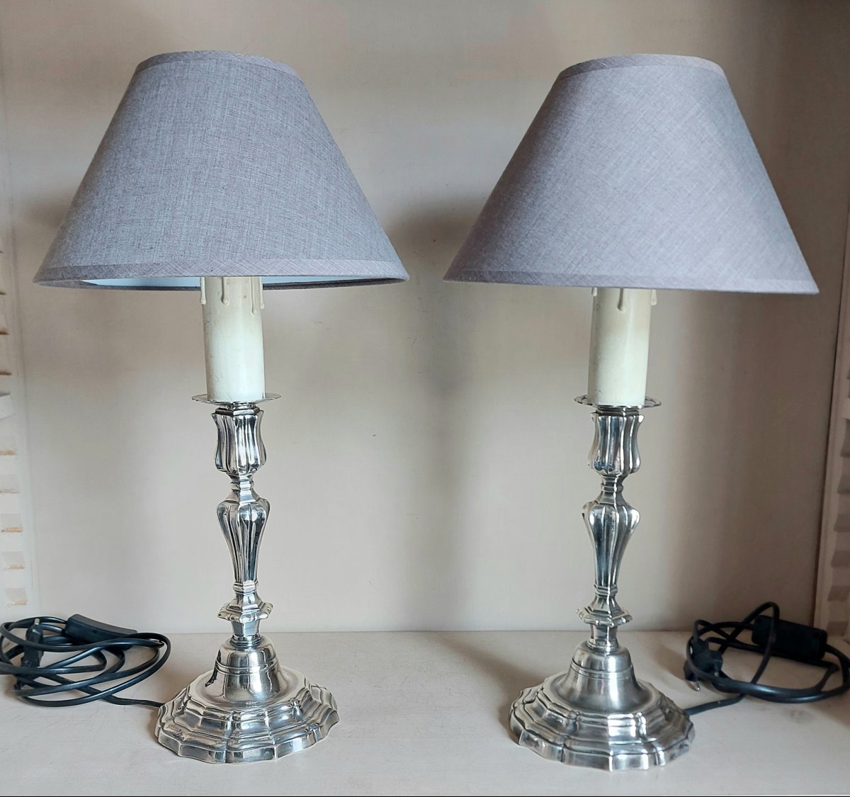 Pair Of Silver-colored Metal Lamps 