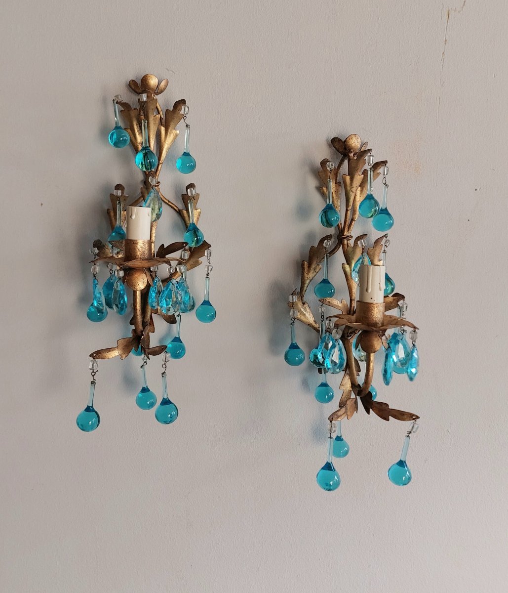 Chandelier And Pair Of Gold-plated Sheet Metal Wall Sconces -photo-2