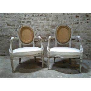 Pair Of Louis XVI Style Armchairs In Painted Wood