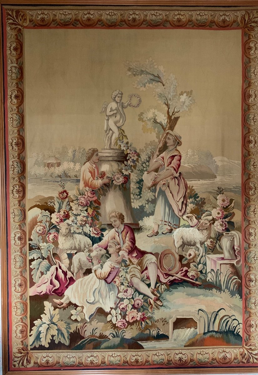 Ancienne Grande Tapisserie Encadrée D Aubusson Début XXe Scène Pastorale 