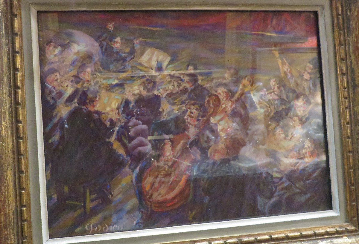 Ancien Tableau Pastel le Chef D Orchestre et ses musiciens Par Godien-photo-1