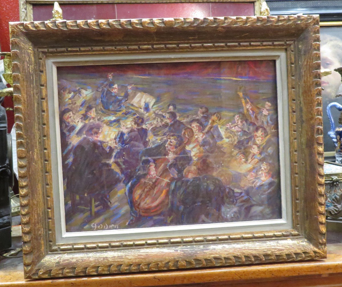 Ancien Tableau Pastel le Chef D Orchestre et ses musiciens Par Godien