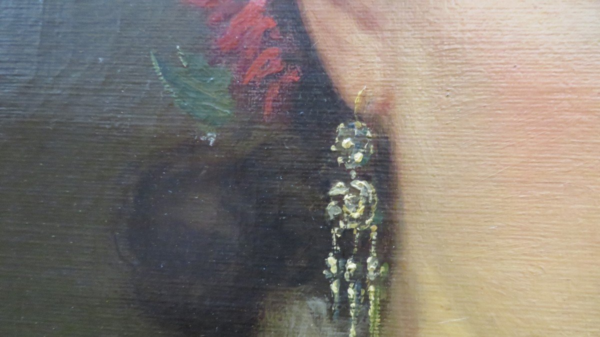 Ancienne Paire De Portraits  Huile Sur Toile XIXe Couple De Qualité Elegante Robe Col Dentelle-photo-2