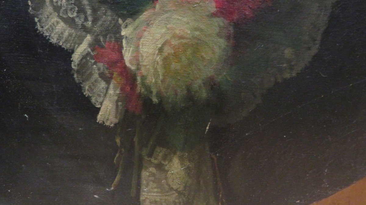 Ancienne Paire De Portraits  Huile Sur Toile XIXe Couple De Qualité Elegante Robe Col Dentelle-photo-5