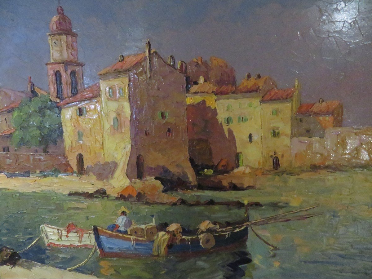 Large Oil Painting On Canvas By Osietski Marine Port Corse Around 1960-photo-2