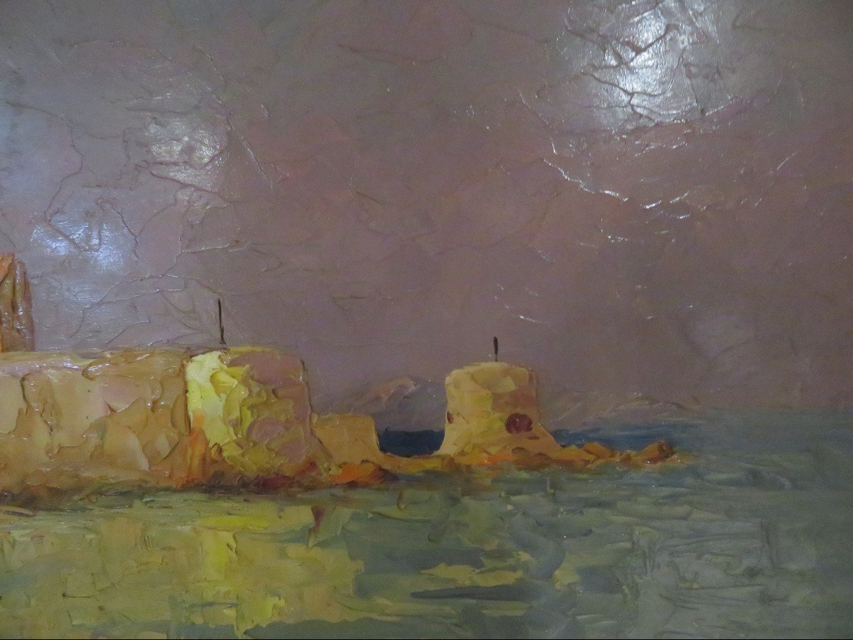 Large Oil Painting On Canvas By Osietski Marine Port Corse Around 1960-photo-3