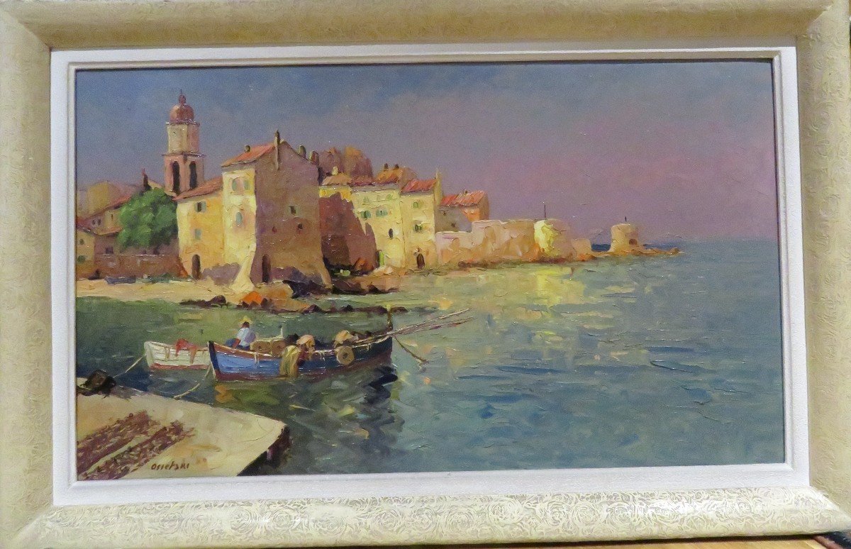 Large Oil Painting On Canvas By Osietski Marine Port Corse Around 1960
