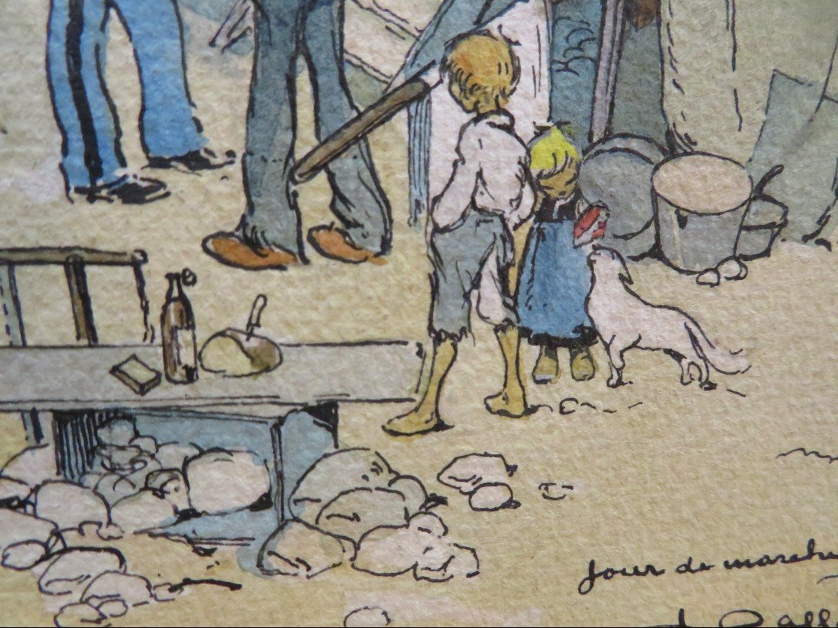 Dessin Original Aquarelle Jour De Marché Par Ferdinand Raffin Illustrateur Humour Villageois-photo-3