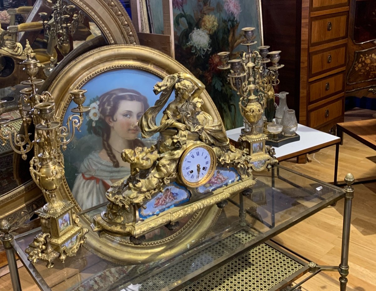  Garniture pendule et flambeaux en Bronze Doré & Plaques de Sevres Angelots XIXe napoleon III-photo-6