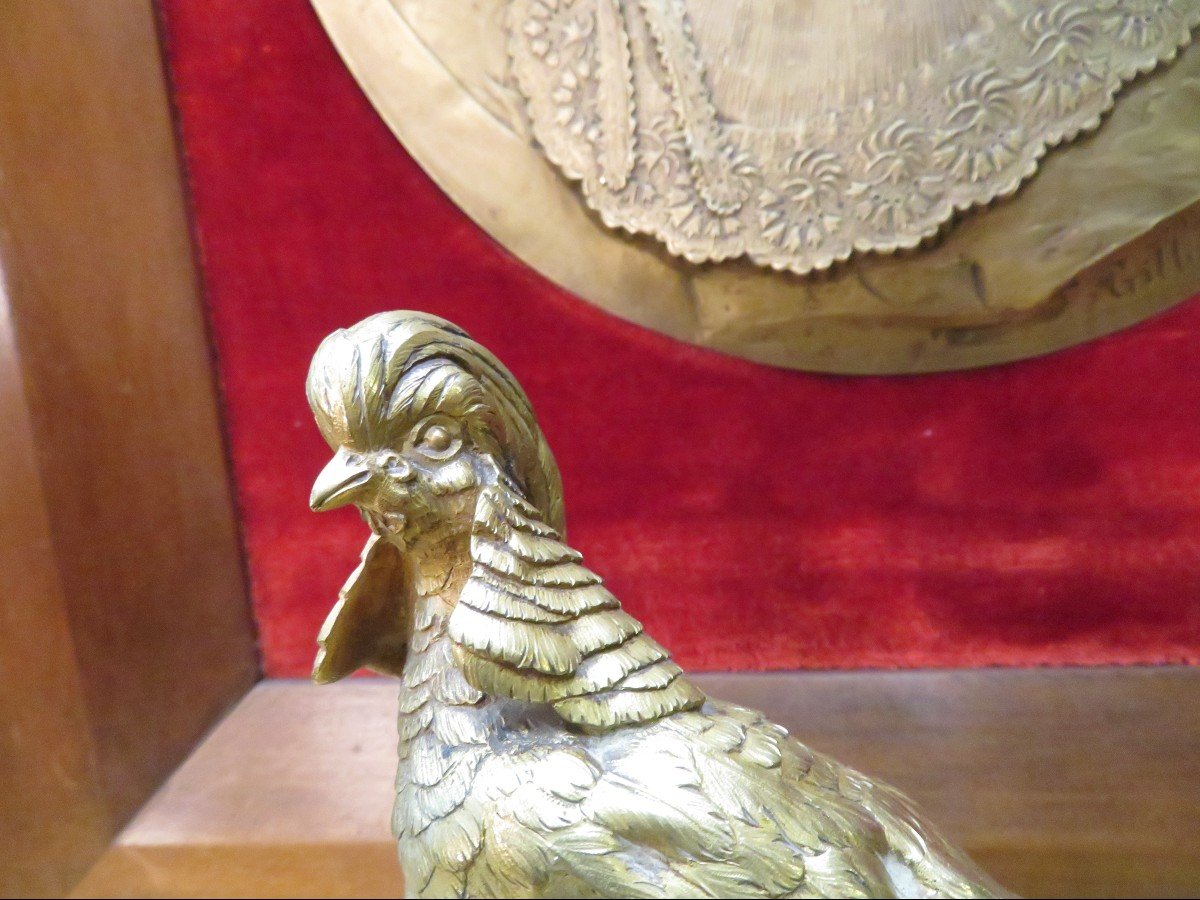 Old Animal Bronze Golden Rooster Pheasant / Sienna Marble By Trodoux Nineteenth-photo-2