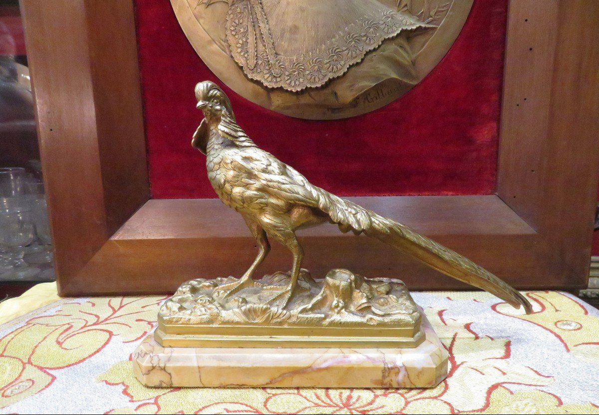 Old Animal Bronze Golden Rooster Pheasant / Sienna Marble By Trodoux Nineteenth