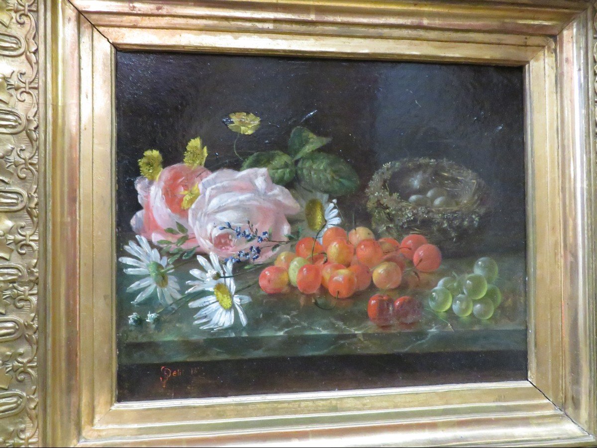 Ancien Tableau XIXe Nature Morte Entablement Aux Fruits fleurs  Huile Sur Carton Signé Petit-photo-2