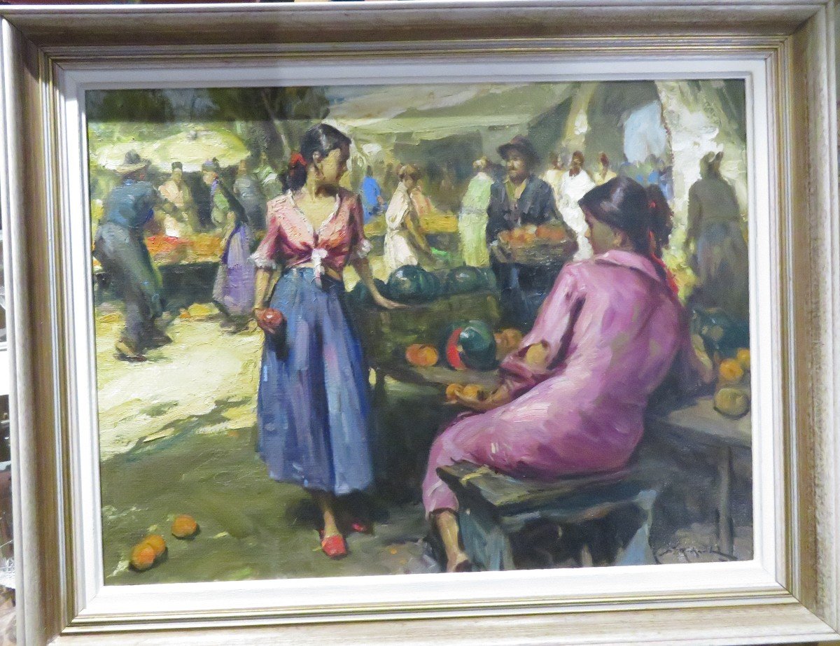  Grand Tableau Annees 60 Durando  Togo Richard Huile Sur Toile Marché Aux Pastèques  Provençal