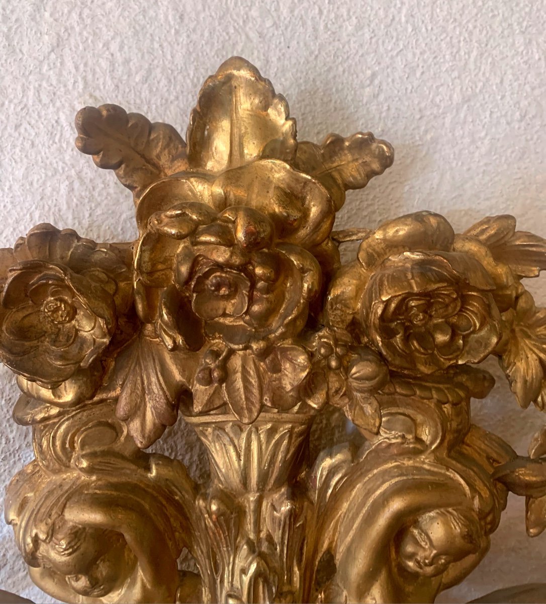 Ancien Fronton Haut De Porte Miroir angelots En Bois Et Stuc Doré Epoque XIXe Napoléon III -photo-4