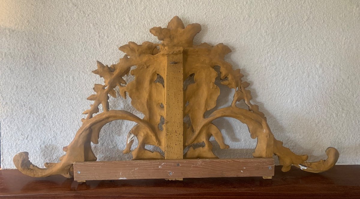 Ancien Fronton Haut De Porte Miroir angelots En Bois Et Stuc Doré Epoque XIXe Napoléon III -photo-3